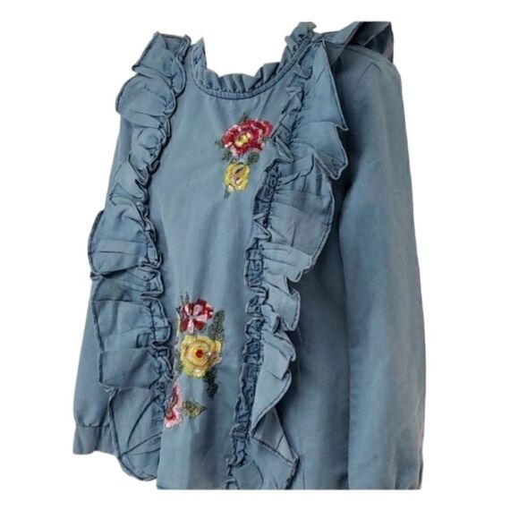Chambray Ruffle Long Sleeves Denim Top - Picture 4 of 13